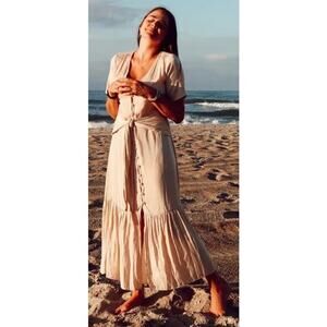 Love Whit Port Dress Tie Waist Short Sleeve Button Front Midi Nude S